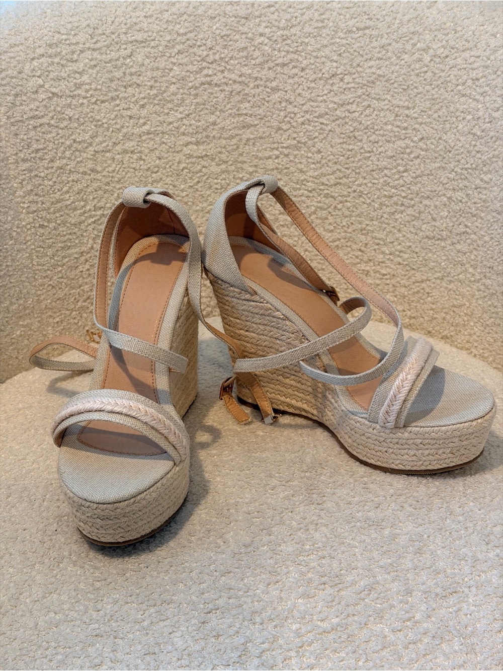 SHEIN Neutral Beige Woven Espadrille Ankle-Strap Wedges